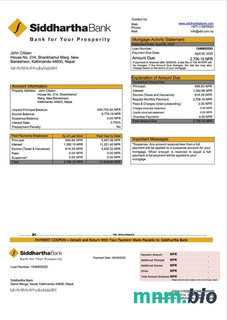 Nepal Siddhartha Bank wyciąg z kredytu hipotecznego szablon Word i PDF